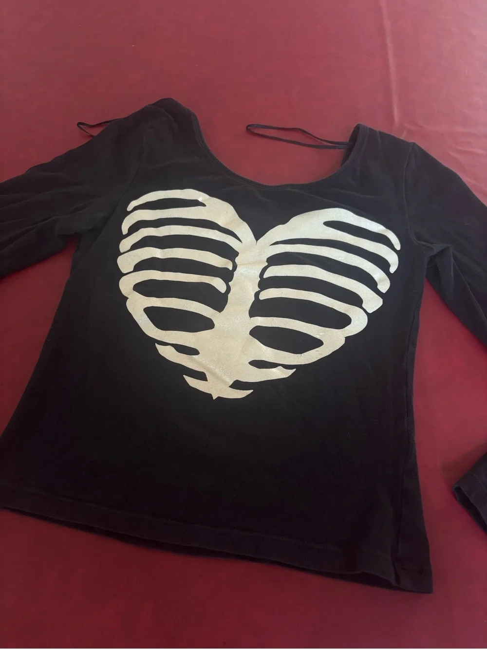 Black Long-Sleeve Top with White Ribcage Heart Graphic